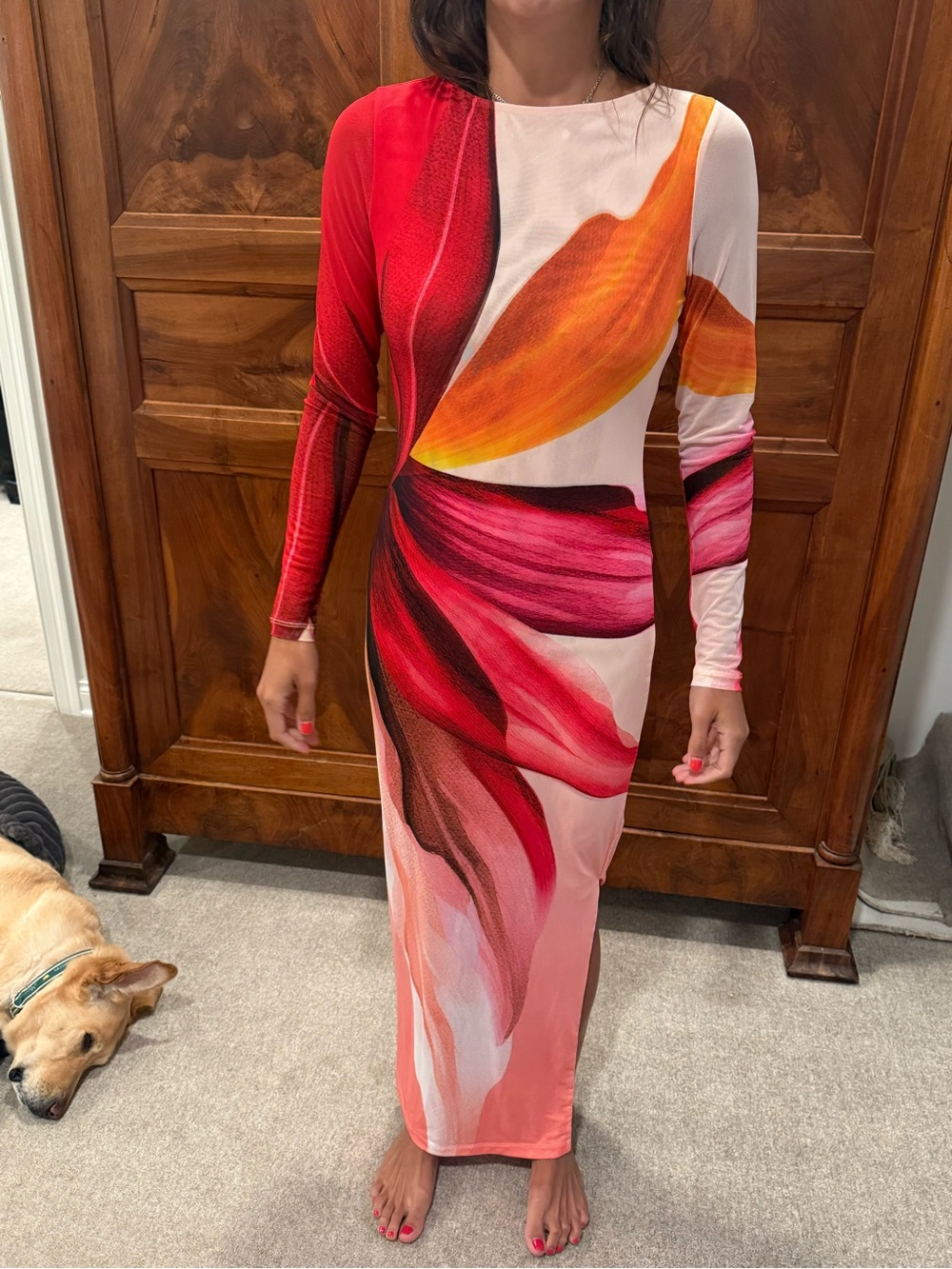 AFRM Long-Sleeve Maxi Dress in Red, Orange & Pink Abstract Floral